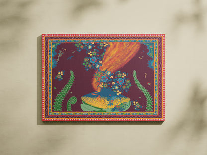 A canvas art print featuring a colorful fantasy illustration, displayed against a warm beige wall with soft leaf shadows.